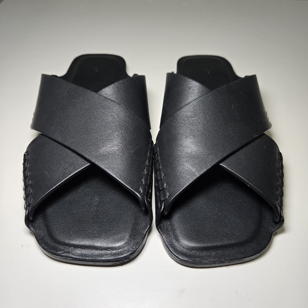 COS Womens Crossover Leather‎ Sandal Size 7.5 Black Slides Minimalist Staple - Picture 2 of 11